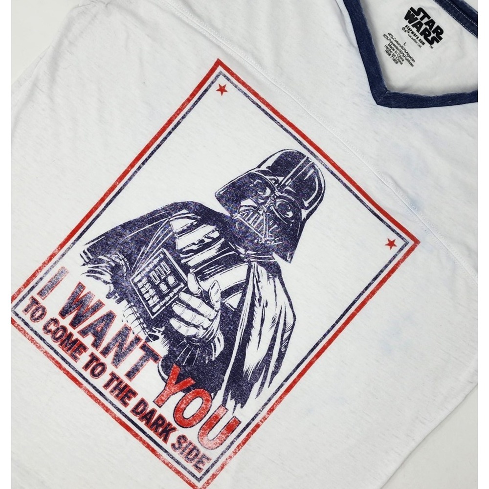 Star Wars Darth VaderT Shirt Womens White Large V-neck‎ Patriotic Uncle Sam EUC